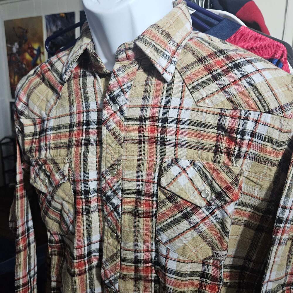 Wrancher by Wrangler Men's Long Sleeve Western Snap Plaid Shirt Tan L
